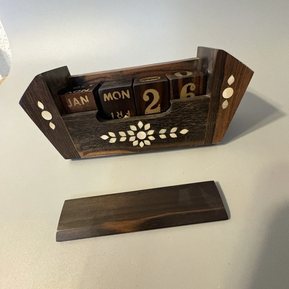 Vintage Wood and Mother of Pearl Perpetual Desk Calendar Solid Handmade MCM